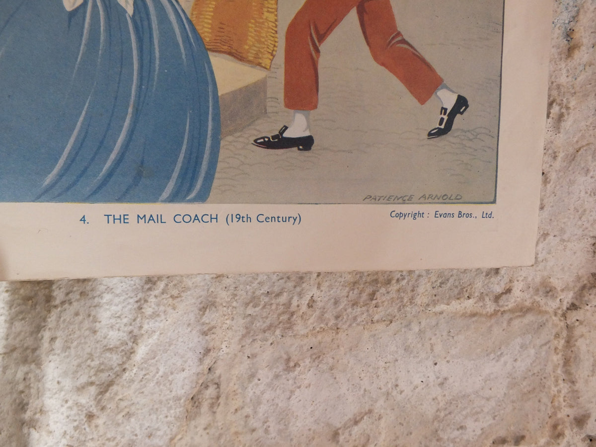 Original Vintage British Child Education The Story of Post Poster art deco print pigeon medieval post bag mail coach wall art 1939 1930s