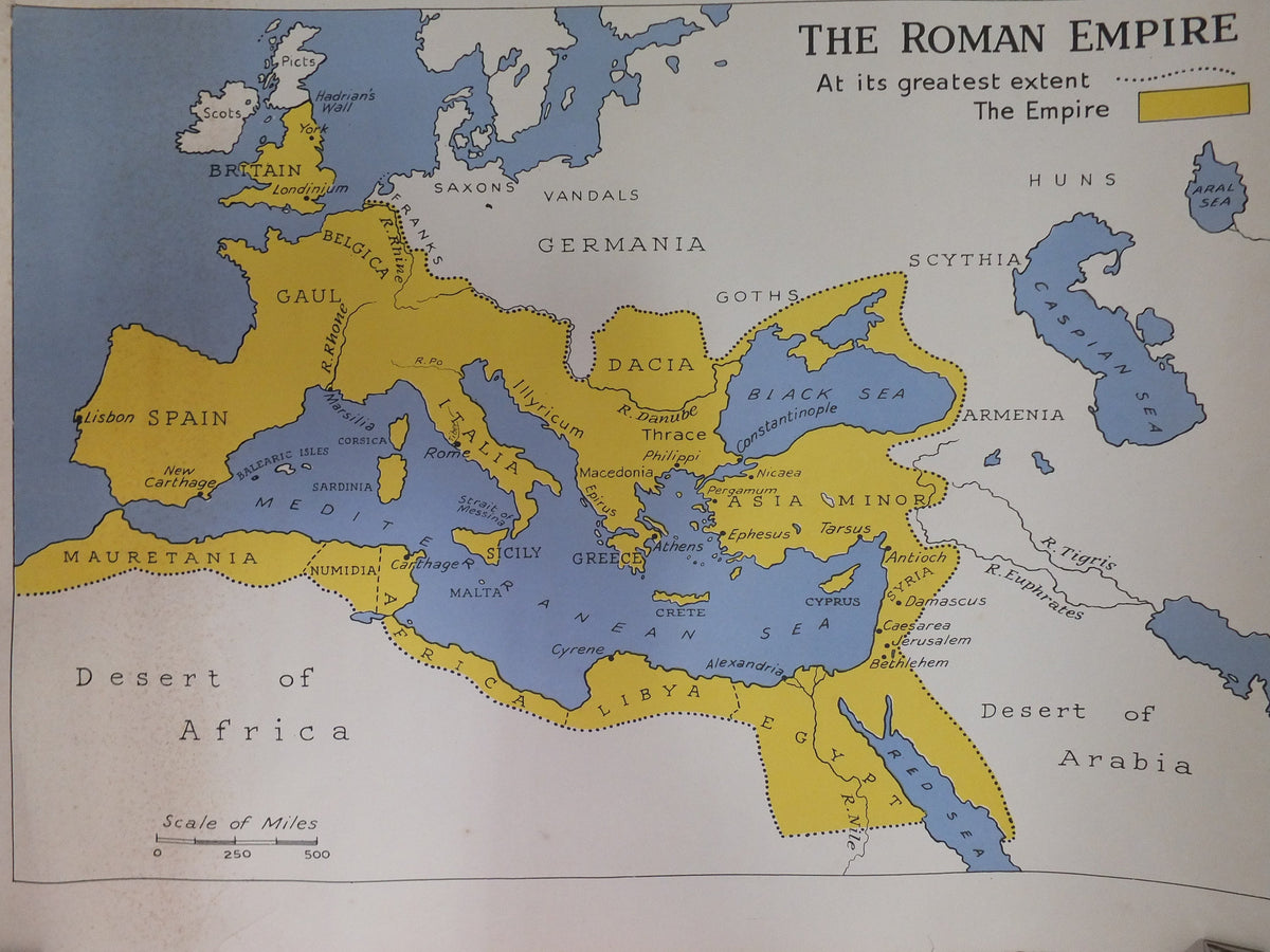 Original Vintage British Educational Geography Map Roman Empire historical Poster print wall art 1950s