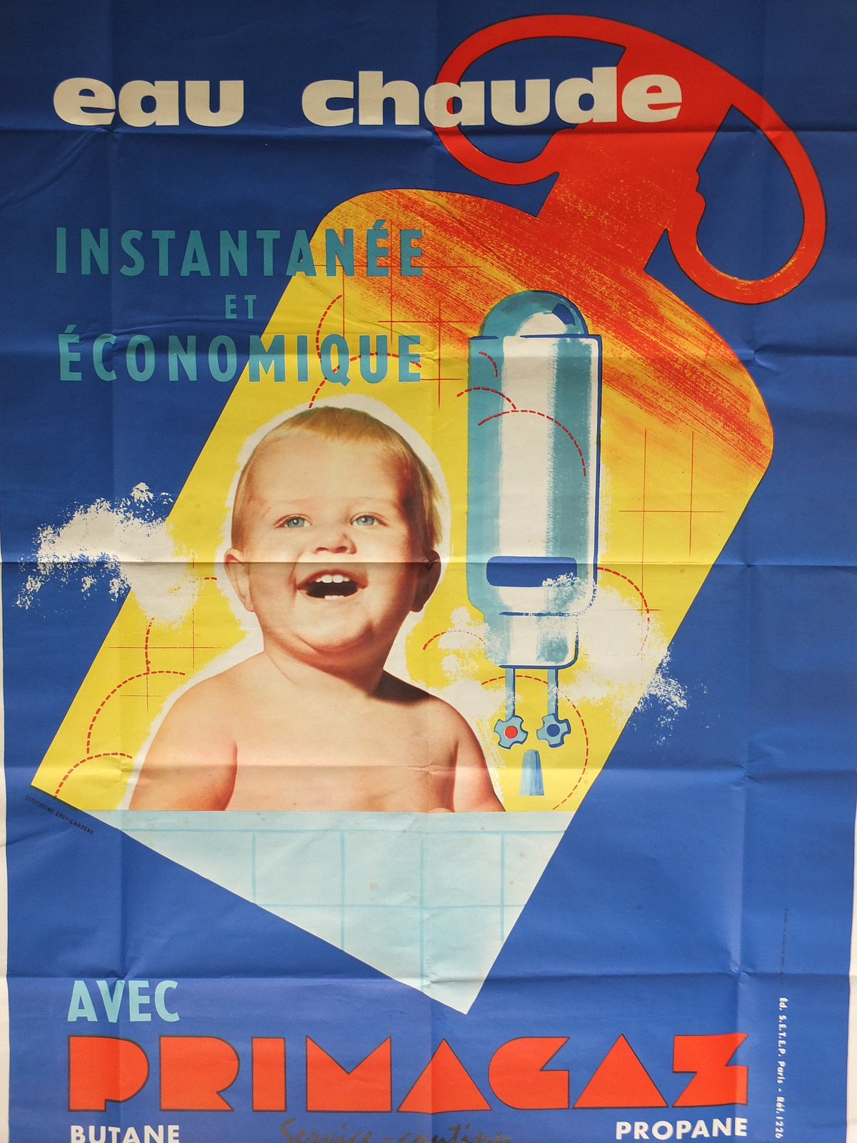 Original Vintage French Primagaz baby gas poster advertising home heating boiler water propane industrial art wall interior design 1960s