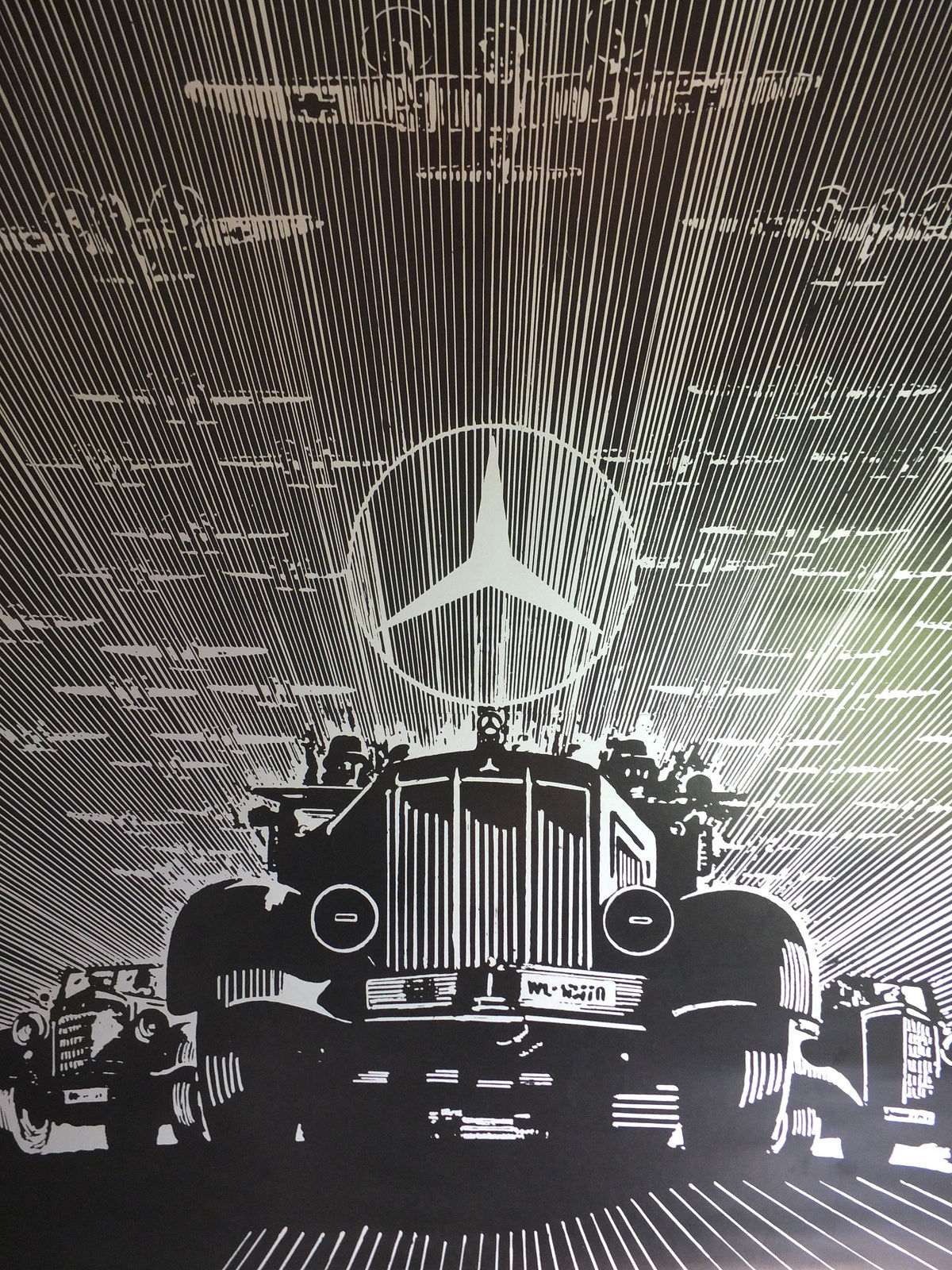 Vintage German WW2 Mercedes Benz Poster Daimler World War 2 1939 trucks lorries planes bombers mid century Advertising wall art 1980s