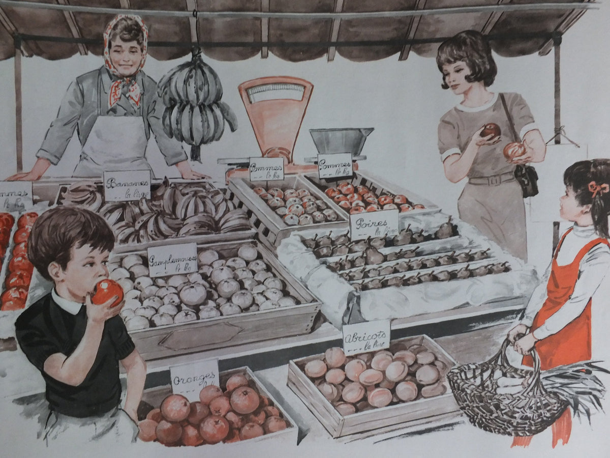 Original Vintage French MDI school poster clothes fashion fruit stand market wall art double sided early years retro interior design 1970s