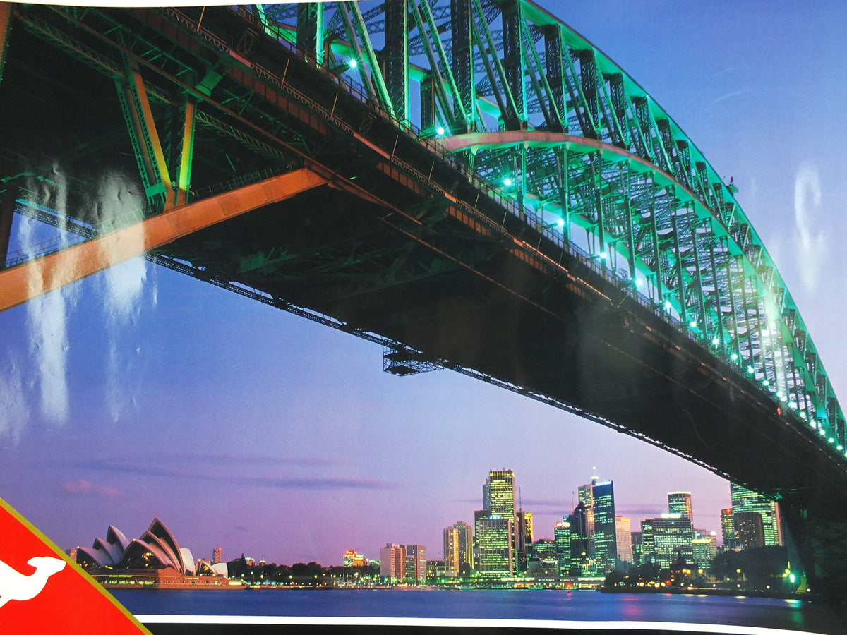 Original Vintage Australia Qantas Sydney Harbour Bridge Travel Poster city bay harbour travel tourism holiday vacation wall art 1990