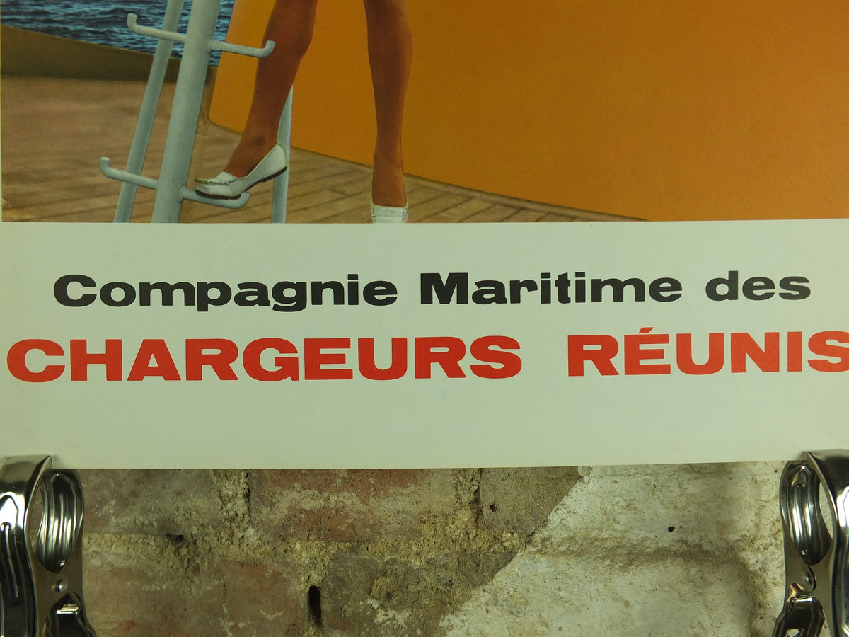 Vintage French Boating Poster, Chargeurs Renunis,white red shorts, long legs girl, shipping, woman, mid century, Advertising wall art 1950s