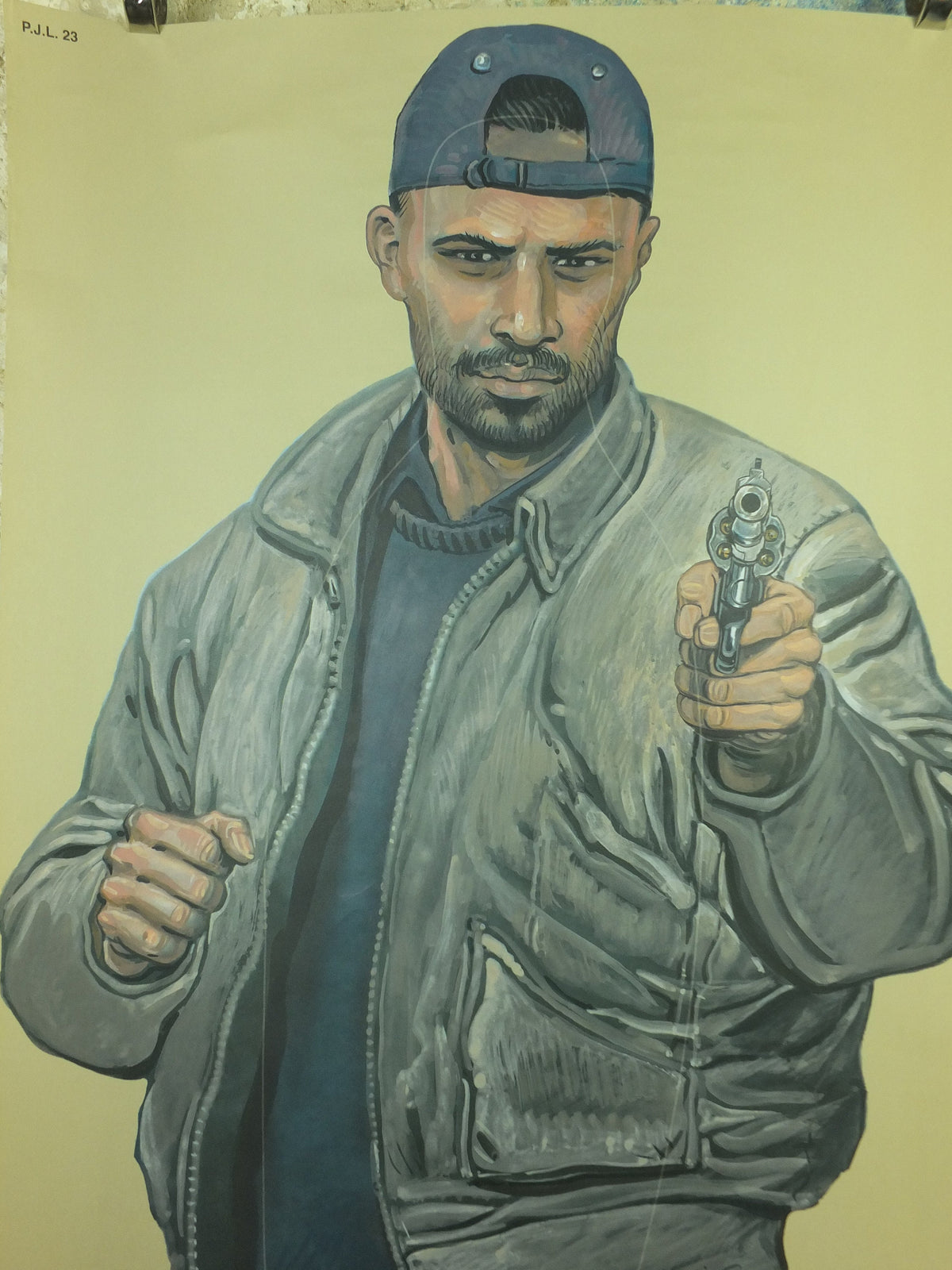 Vintage Belgian Criminal Target Poster, Malik William Tai, Law Enforcement, comic cartoon gun police illustration