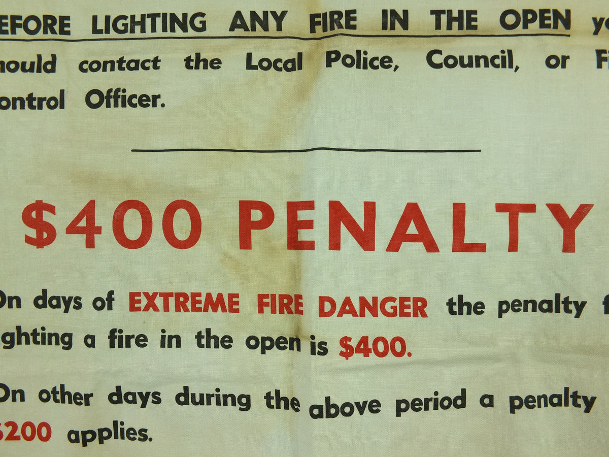 Vintage Australian Prevent Bush Fires Poster, 400 dollar fine, signed by B Chatterton, Minister for Agriculture wall art from the 1970s
