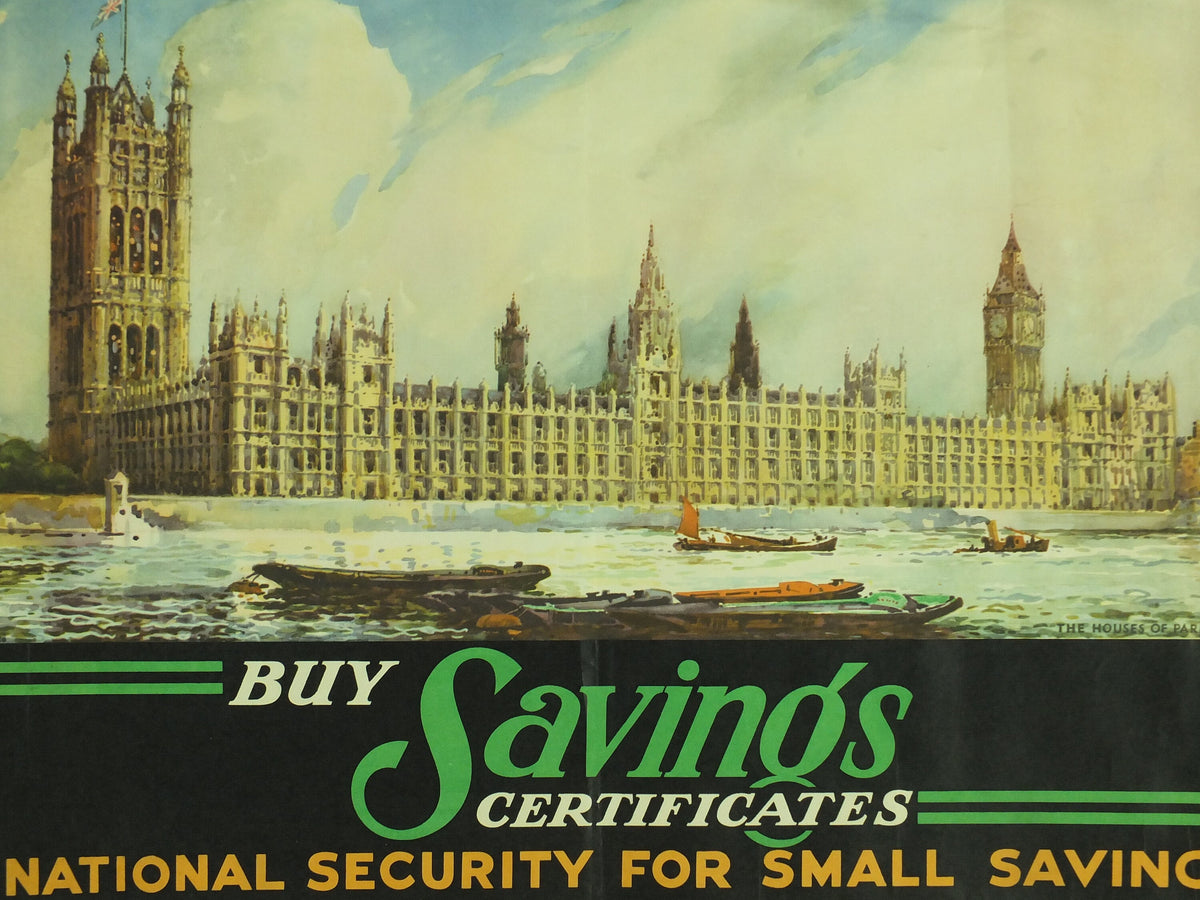 1950 Vintage Parliament Poster, Buy Savings Certificates, Houses of Parliament, London, art by S T C Weeks, original print, wall art, retro