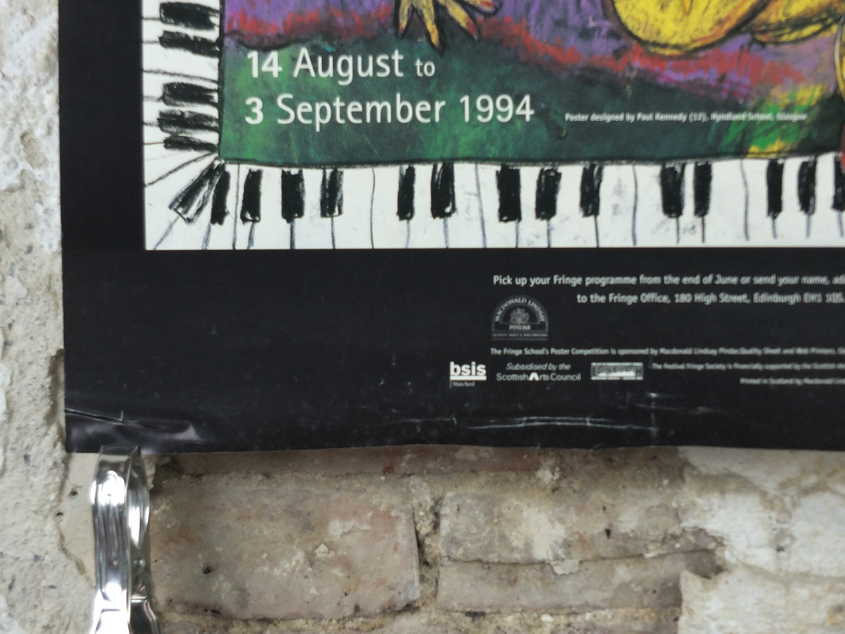 1994 Edinburgh Festival Fringe Poster, Arts Festival, dancing girl, sun, piano, artwork by Paul Kennedy, wall art decor