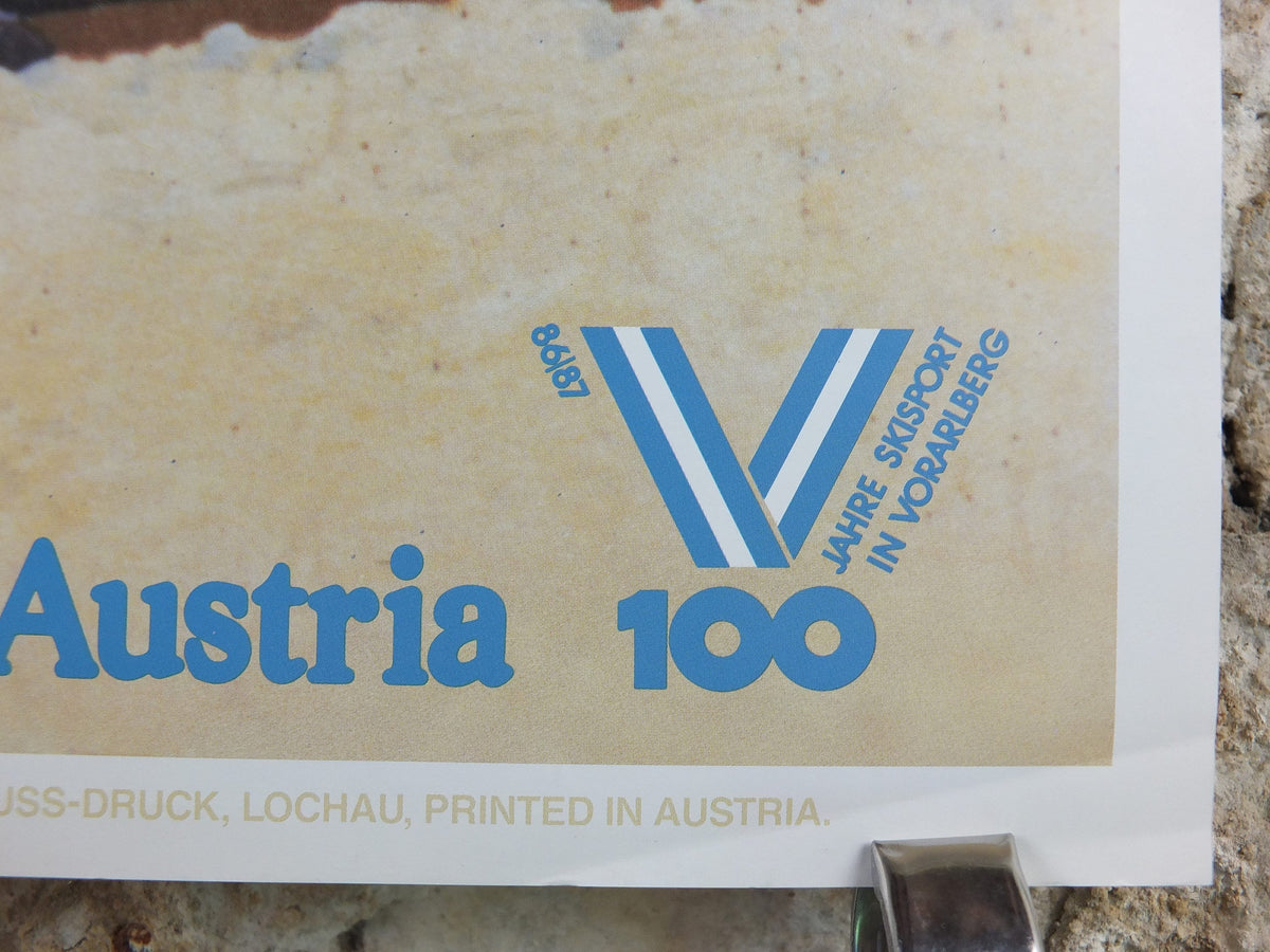 1987 Vorarlberg Ski Poster, 100 years of skiing in the Vorarlberg, Winter Sports, sport d'hiver, travel tourism skiing, wall art decor