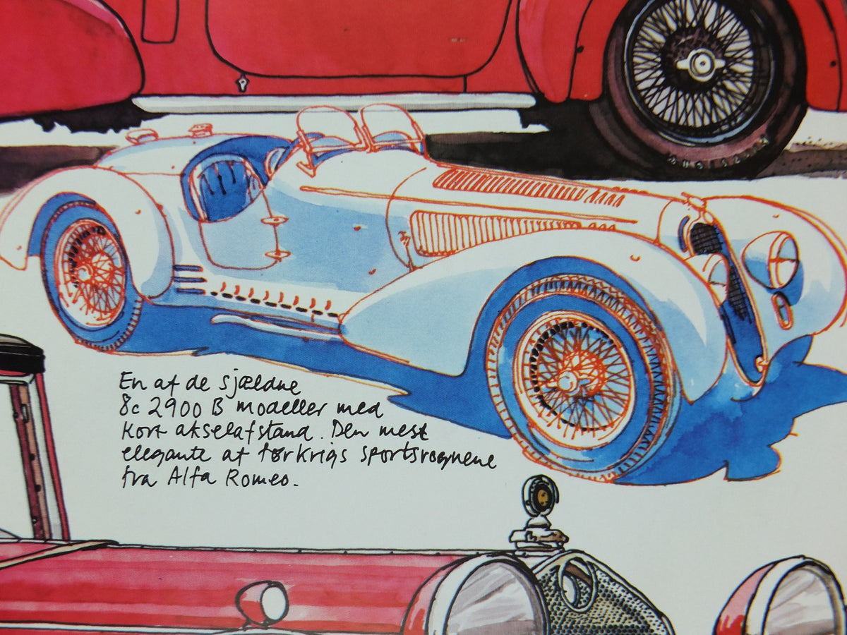 1975 Alfa Romeo Poster, Alfa 8e 2900 B model, by Alan Thomas, from Denmark, red convertable sports car, wall art decor