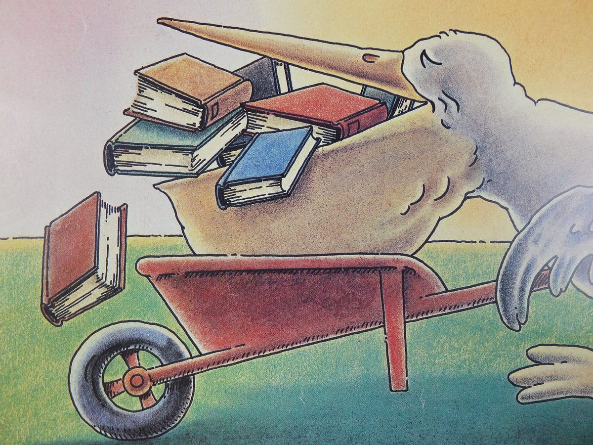 1979 Children's book exhibition Poster, pelican with books in bill and wheelbarrow by Gerard Jouannet, wall art decor
