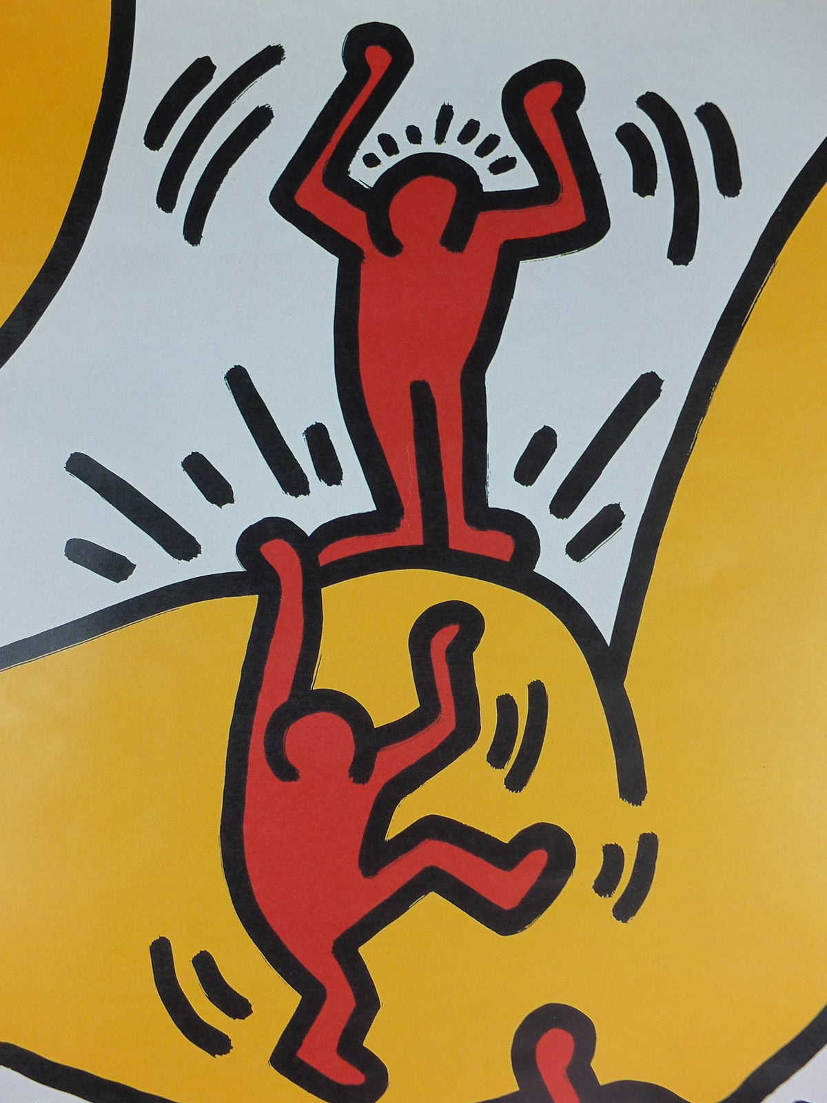 2003 Keith Haring Poster, Strength, three red men climbing over a yellow bicep, Kunstmuseum Heidenheim. Pop Art, Street, wall art decor