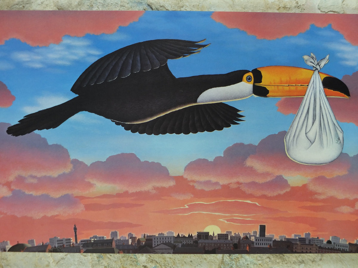 1982 Toucan Guinness Poster, Toucan as "the stork" delivering baby, Prince William, advertising ale Irish stout beer print wall art retro