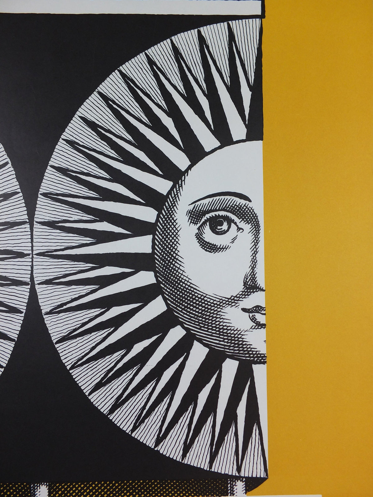 1962 Fornasetti Poster, Sun on ceramic by Piero Fornasetti in yellow, Italian luxury brand, artist & designer, advertising wall art decor