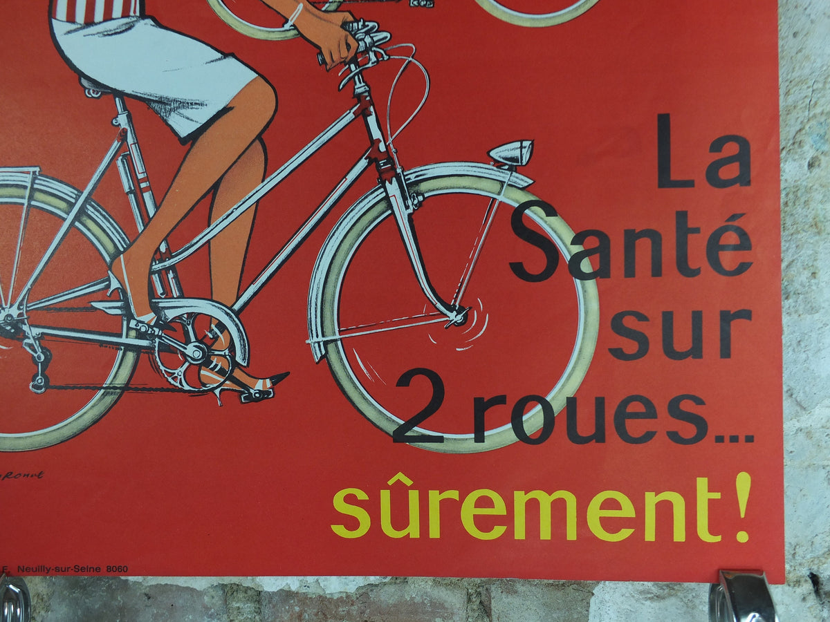 1950 Cycling Poster, French National Lottery, beautiful couple smiling and cycling in red, by Pierre Courrone, print wall art retro decor