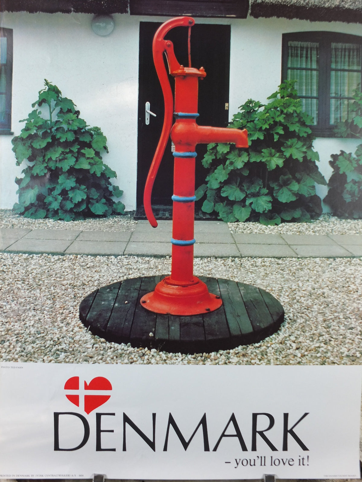 1970s Denmark Travel Poster, Denmark - You'll Love It, old fashioned red water pump, Danish Tourist Board, Travel tourism, wall art decor