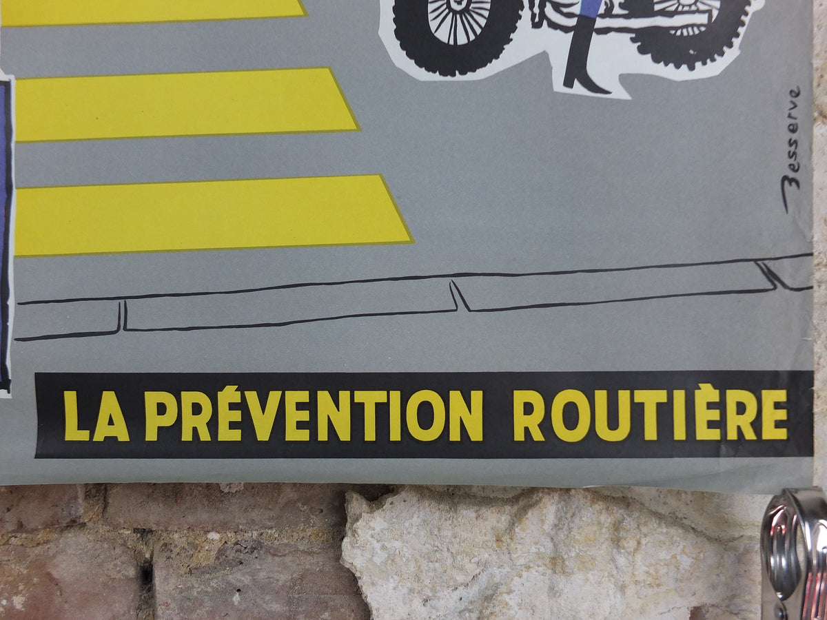1960s French road safety poster, Road Crossing, by Besserve, industrial, pedestrian dangers, retro wall art decor