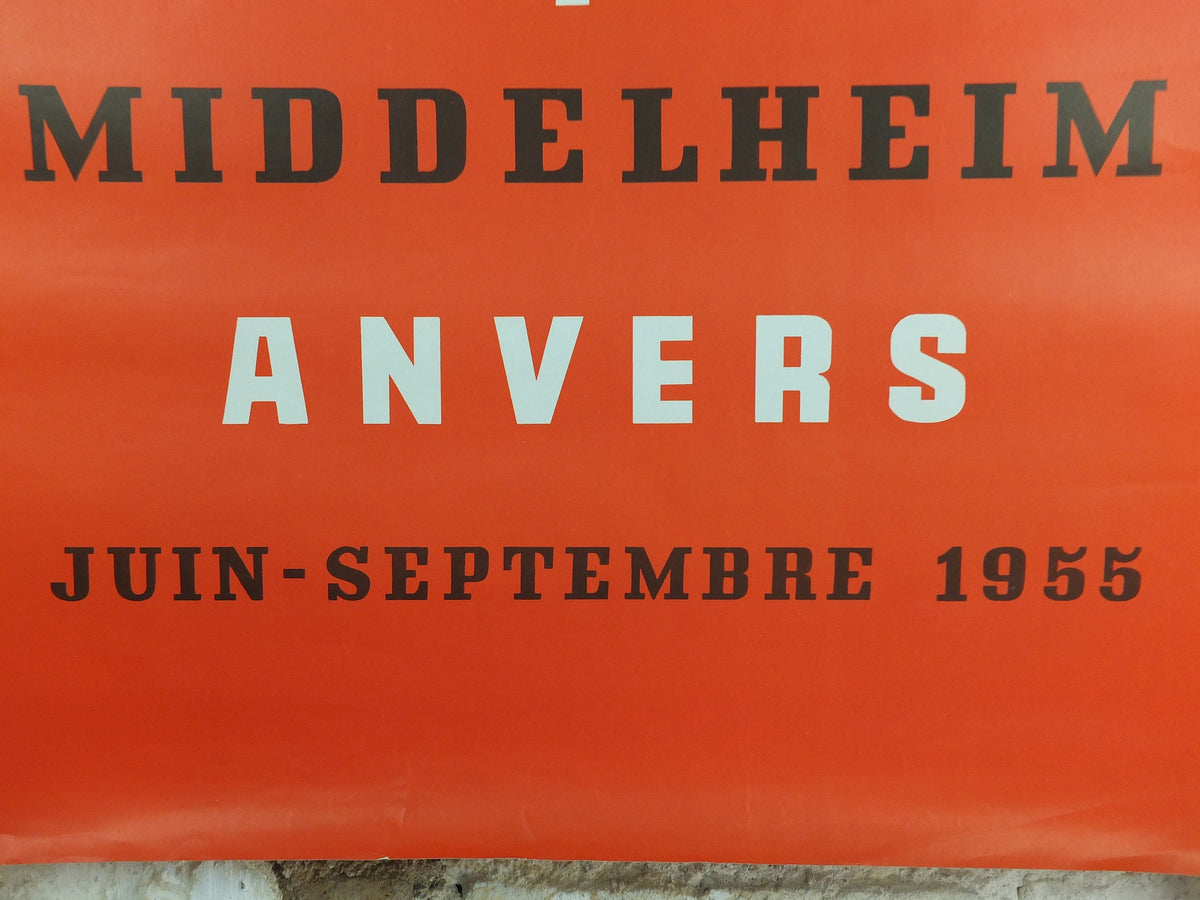 1955 Sculpture Poster, very orange biennial sculpture from Middleheim region of Antwerp or Anvers, artist gallery exhibition, wall art decor