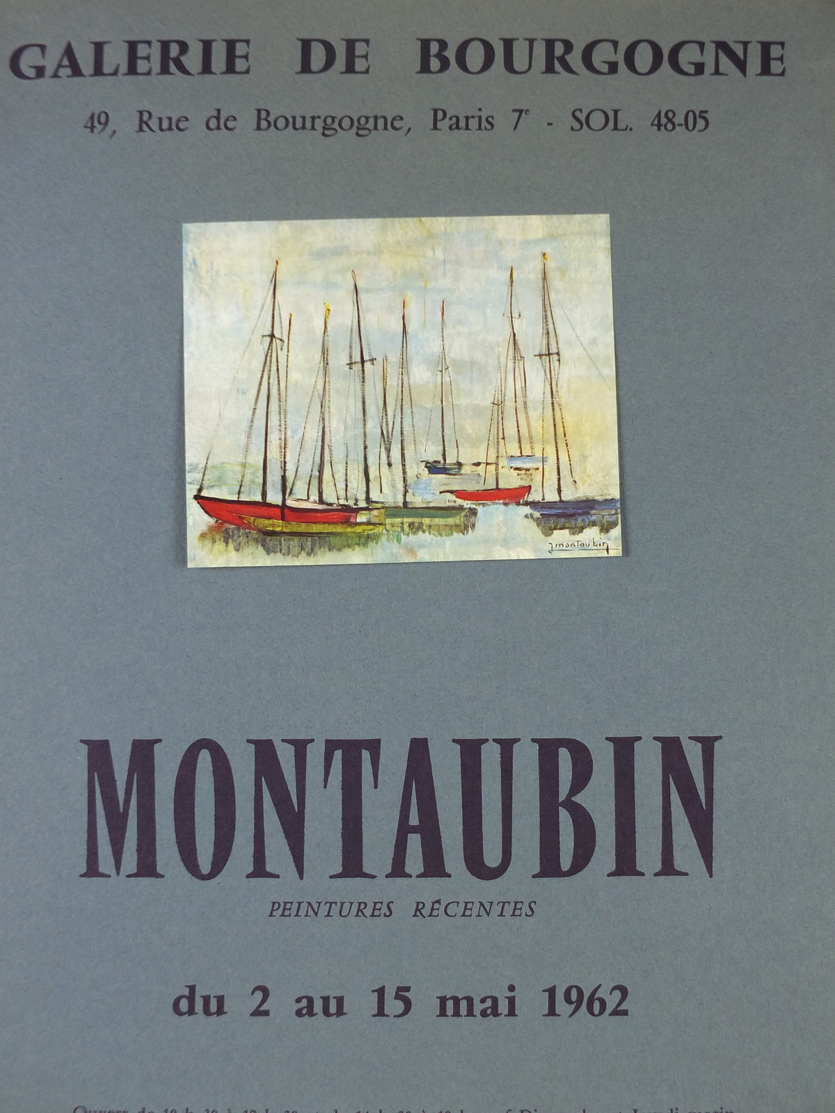 1962 Jean Montaubin Poster, painting of tall masted ships in a harbour, French artist, Galerie de Bourgogne Paris, wall art decor