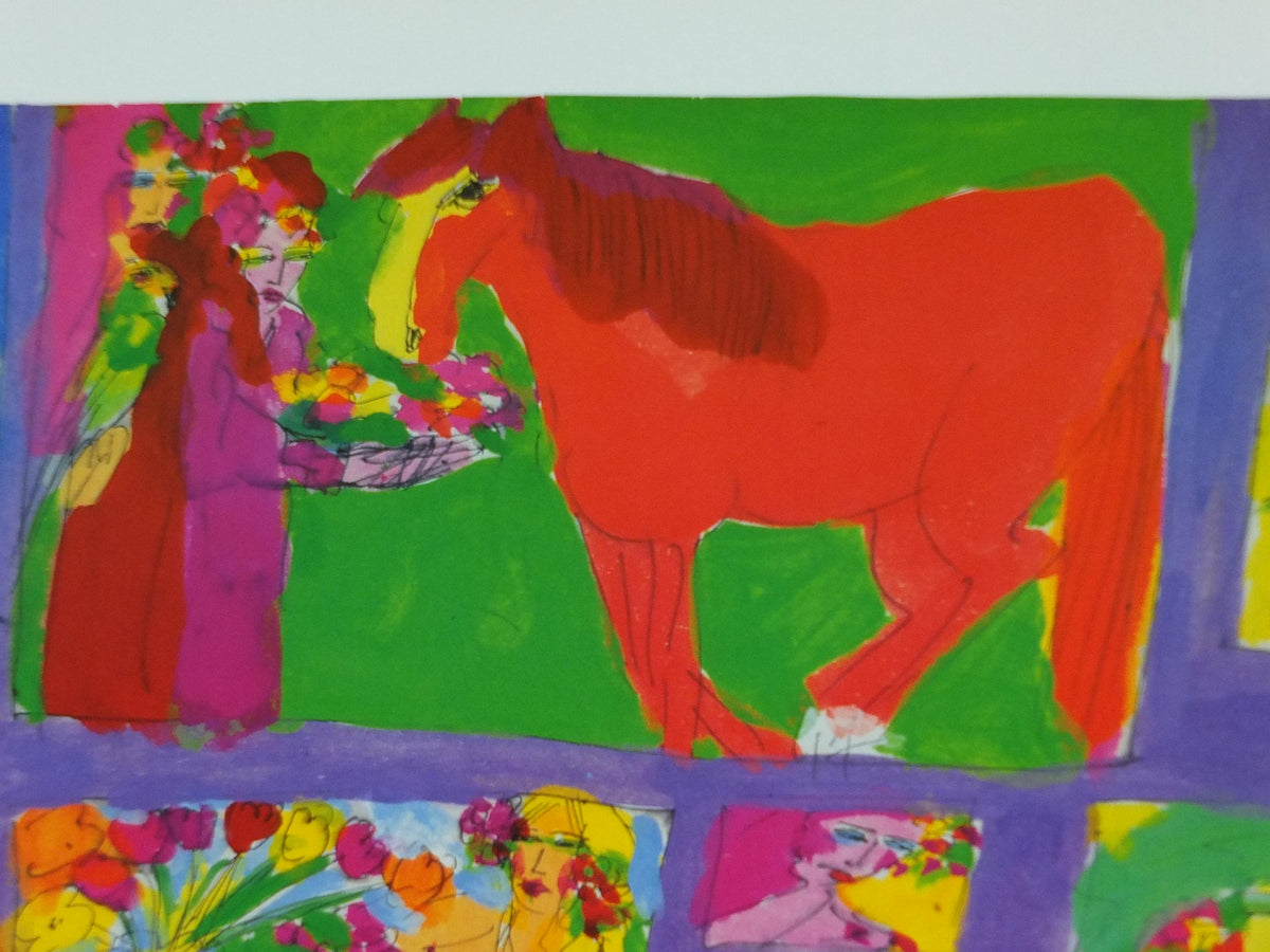 1997 Walasse Ting Poster, People, parrots, horses & flowers, colourful popular figuratism, pop art, gallery exhibition, wall art decor