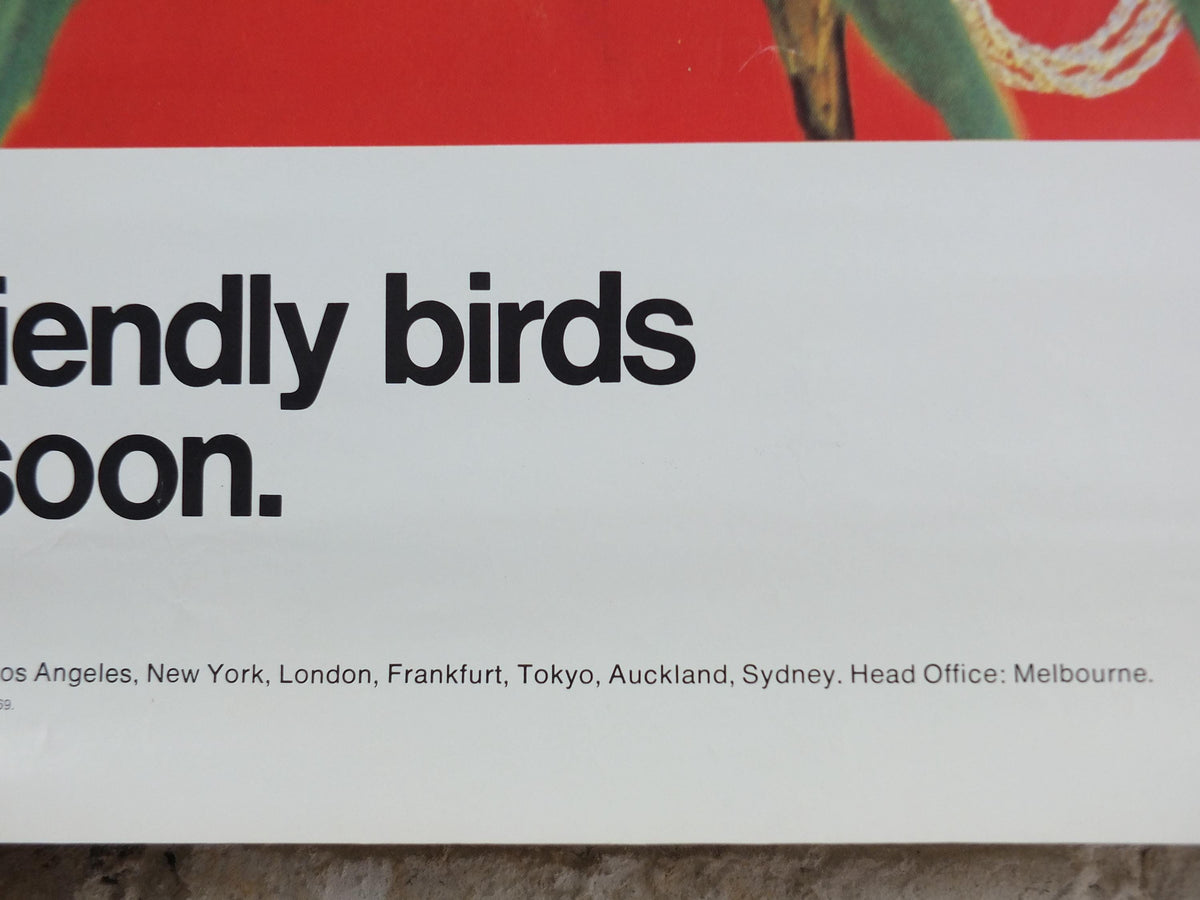 1969 Australia Currumbin Bird Sanctuary Poster, Sixties girl surrounded by colourful parrots and lorikeets, Gold Coast travel wall art decor
