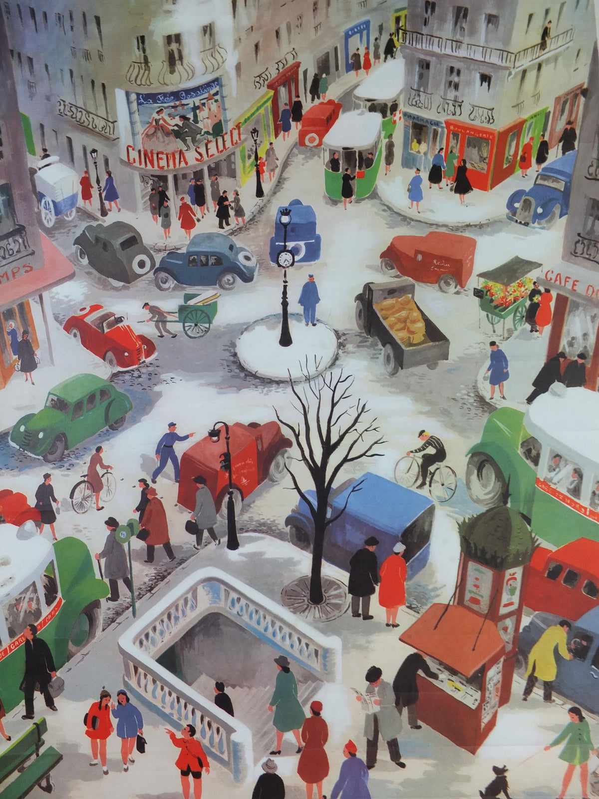 French Crossroads of a City Poster, Urban Street Scenes by Helene Poirie, Carrefour d'une Ville, Editions Bourrelier, wall art retro decor