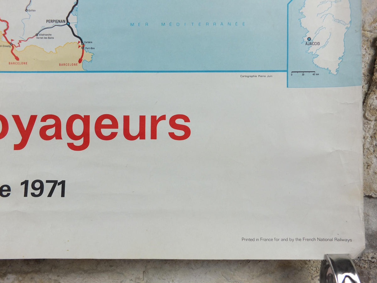 1971 France SNCF Rail Map Poster, French National Railways, Lignes Voyageurs, advertising wall art retro decor