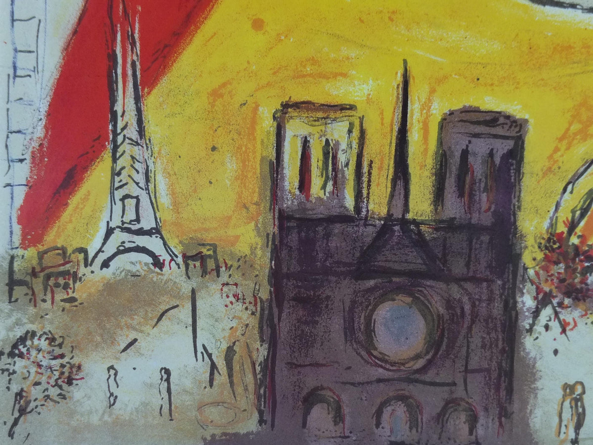 1979 Marc Chagall Poster, Paris View 1954, The Lovers of Notre Dame, Cubism and Expressionism, gallery exhibition, wall art decor