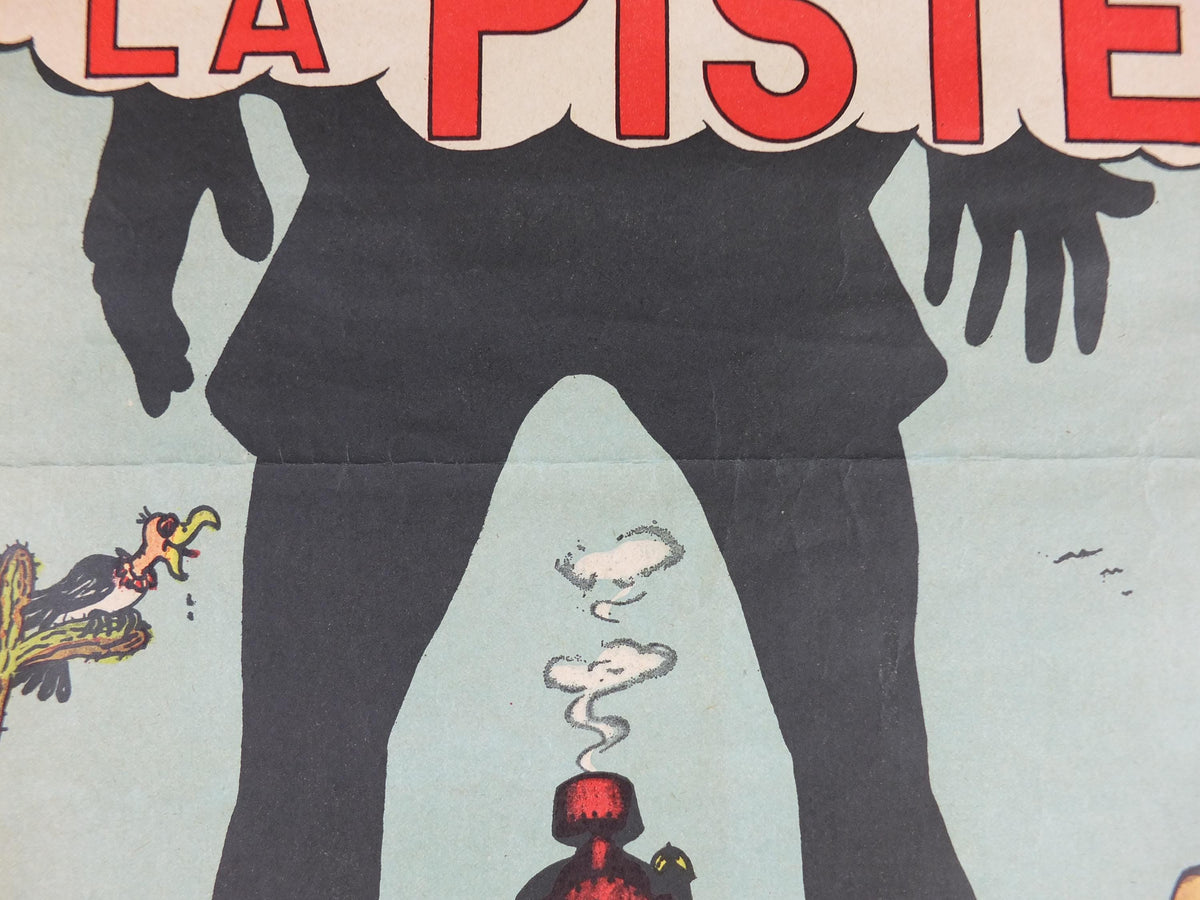 1950s SNCF rail safety poster, Follow the Track, Gunslinger Cowboy, industrial, train rail dangers, retro wall art decor