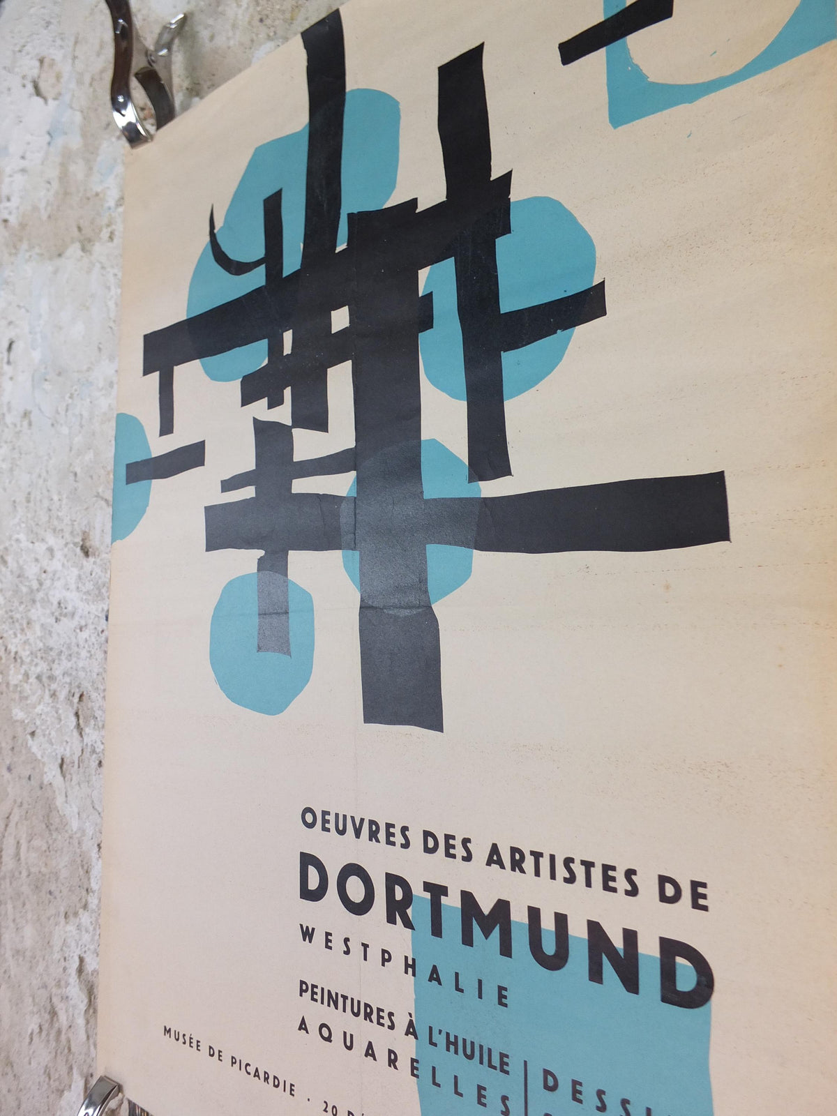 1959 Dortmund Abstract Poster, black lines and blue circles, Artists of Dortmund, Musee de Picardie, art gallery exhibition, wall art decor