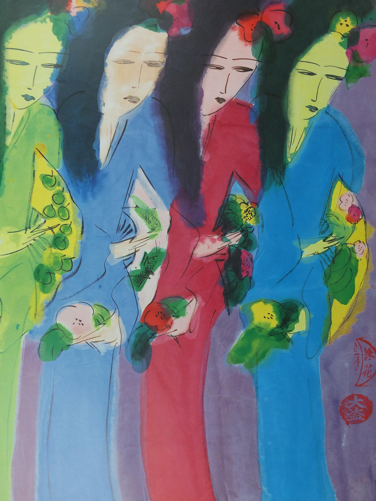 1988 Walasse Ting Poster, Seven Ladies with flowers and fans, colourful popular figuratism, pop art, gallery, wall art decor