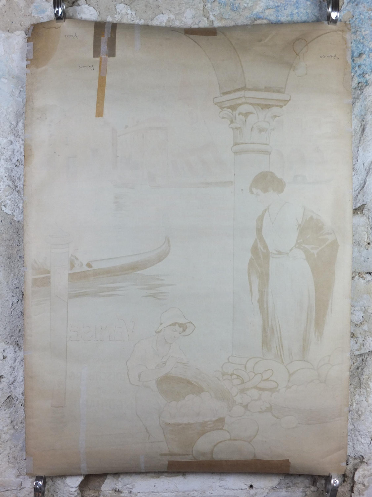1920s Venice Poster, Chemins de fer de l'est Venezia, by E Louis Lessieux, Lotschberg, St Gothard, Hachard, gondolas, travel wall art decor