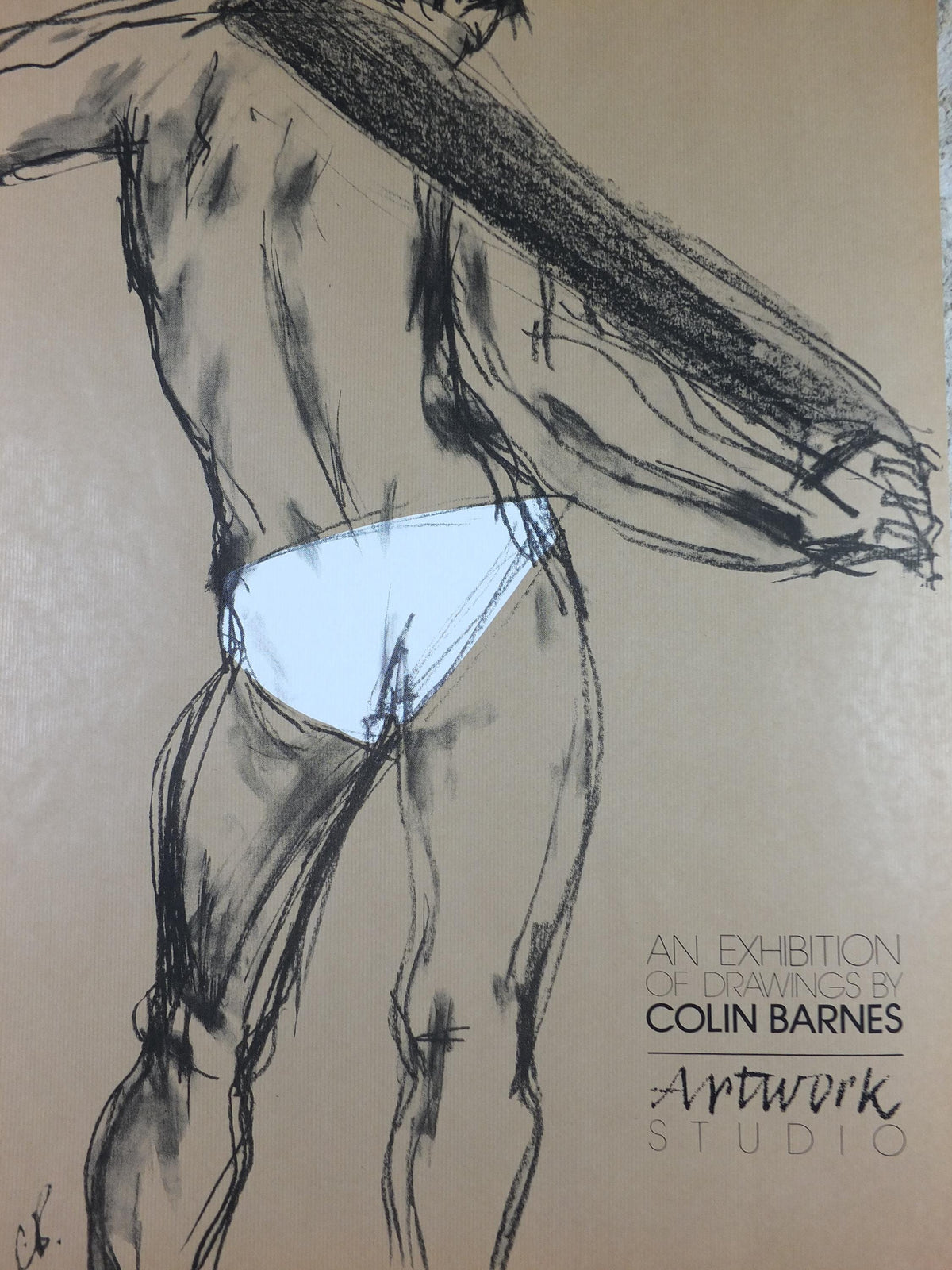 1981 Colin Barnes Poster, pants 1910, white underwear briefs pose, male form erotic nude, artist gallery exhibition wall art decor