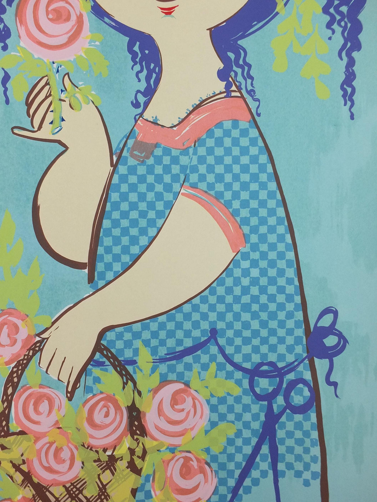 1964 Bjørn Wiinblad Poster, Flora, original screen print, woman with head garland and basket of flowers, modernist wall art decor