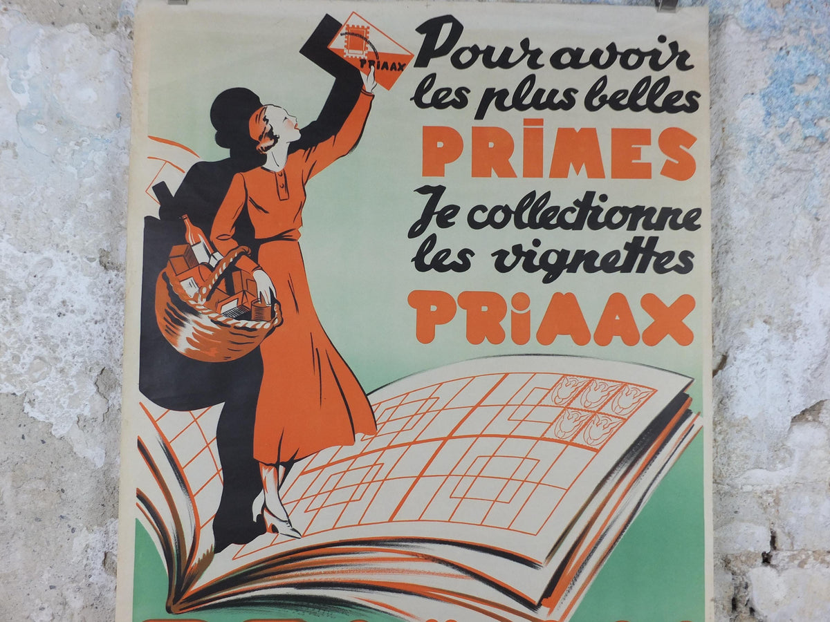 French Art Deco Poster, Elegant lady dressed in orange with shopping basket waving her Primax, Mid century advertising wall art decor