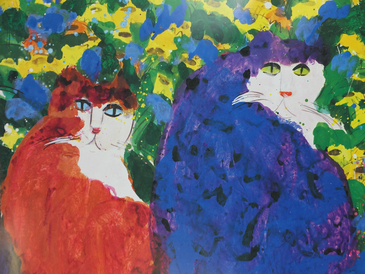1991 Walasse Ting Poster, Three Cats 1990, blue cat, red cat, blue cat, colourful popular figuratism, pop art, gallery, wall art decor