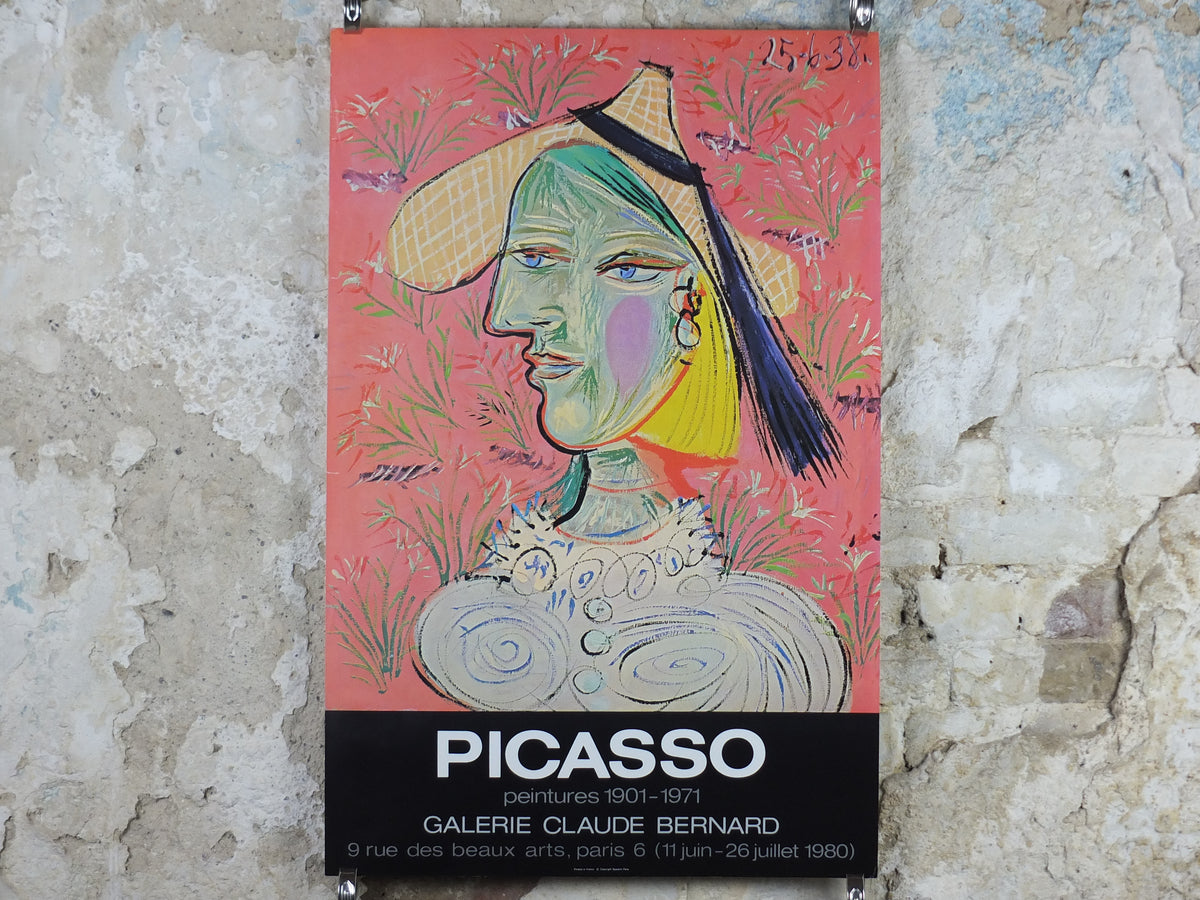 1980 Pablo Picasso Poster, Femme au chapeau de paille or Woman in a Straw Hat 1938, wall art decor