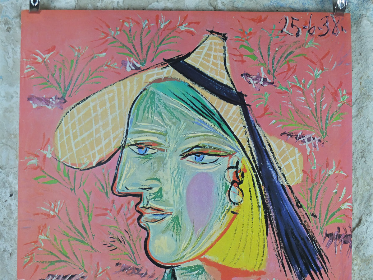 1980 Pablo Picasso Poster, Femme au chapeau de paille or Woman in a Straw Hat 1938, wall art decor
