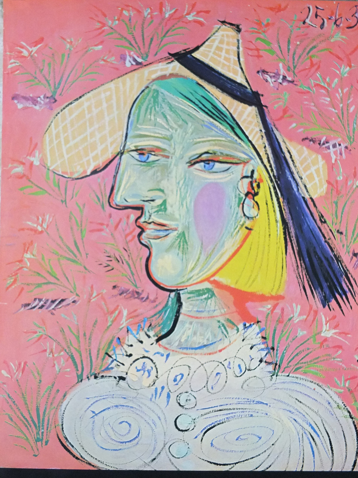 1980 Pablo Picasso Poster, Femme au chapeau de paille or Woman in a Straw Hat 1938, wall art decor