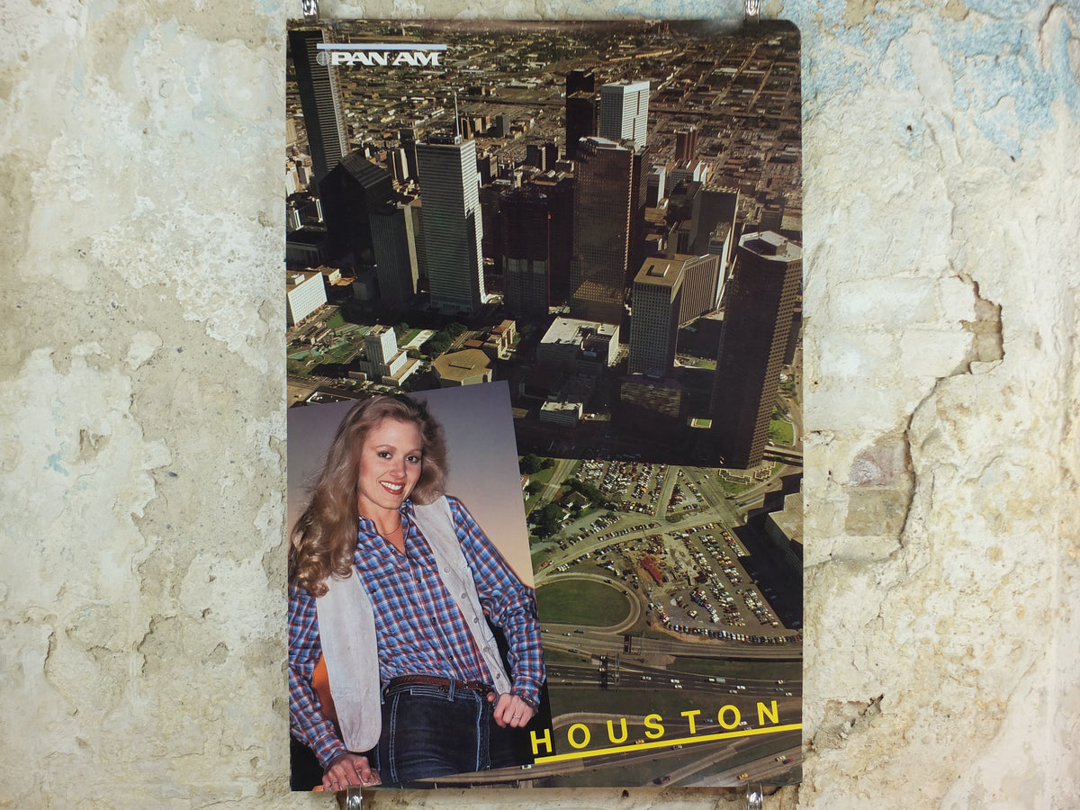 1982 Pan Am Poster, Houston Texas USA, Downtown Houston and Cowgirl, travel wall art decor