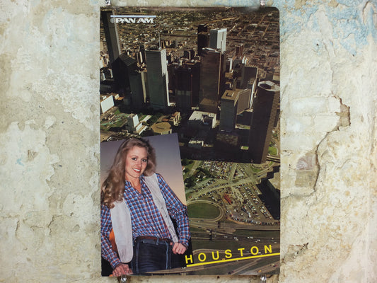 1982 Pan Am Poster, Houston Texas USA, Downtown Houston and Cowgirl, travel wall art decor
