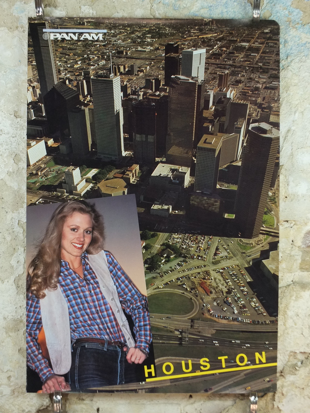 1982 Pan Am Poster, Houston Texas USA, Downtown Houston and Cowgirl, travel wall art decor