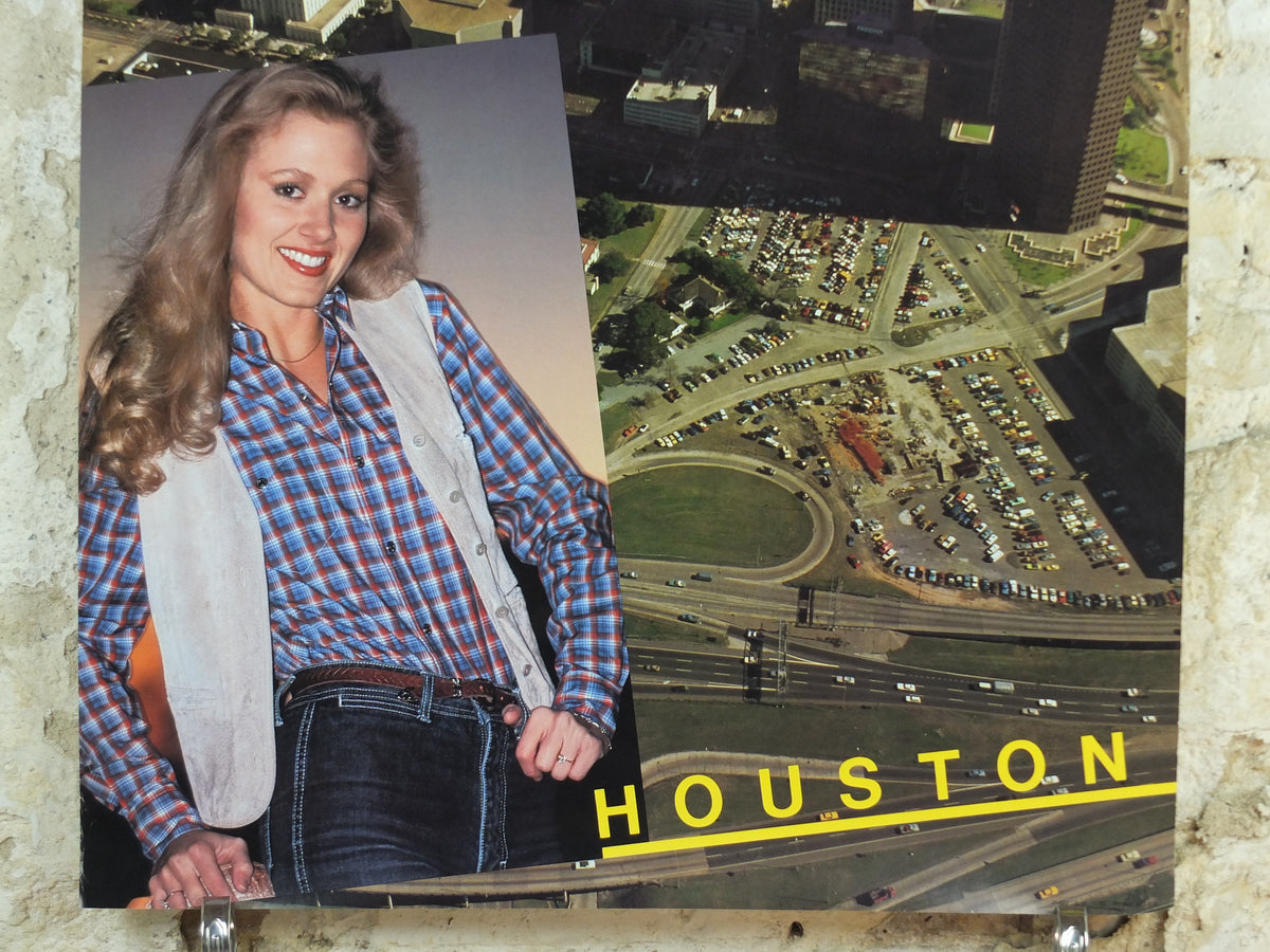 1982 Pan Am Poster, Houston Texas USA, Downtown Houston and Cowgirl, travel wall art decor