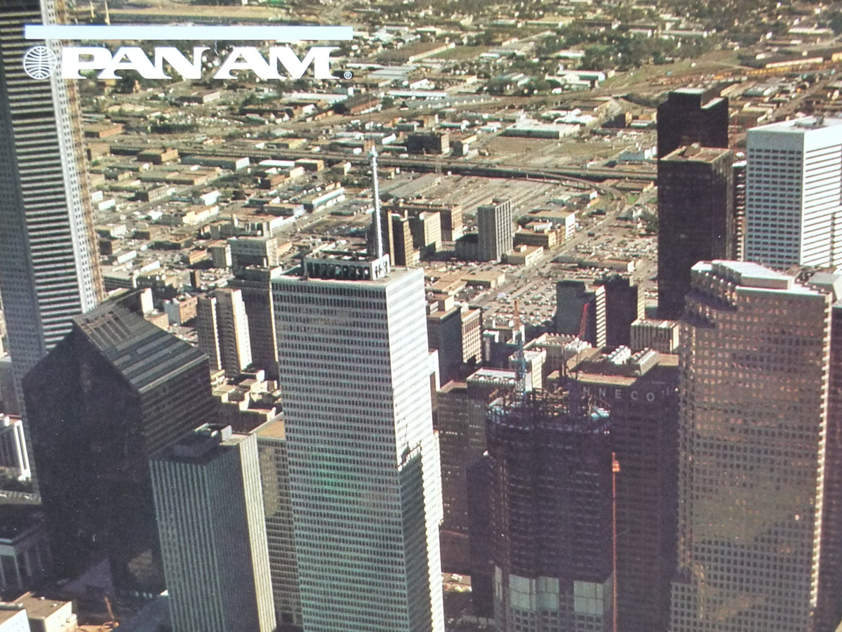 1982 Pan Am Poster, Houston Texas USA, Downtown Houston and Cowgirl, travel wall art decor