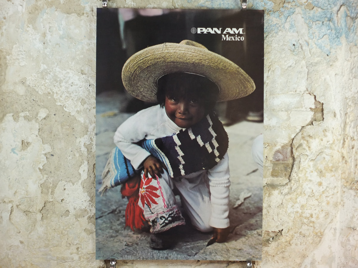 1974 Pan Am Poster, Mexico, young Mexican child in traditional dress with sombrero, P305, travel wall art decor