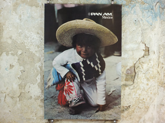 1974 Pan Am Poster, Mexico, young Mexican child in traditional dress with sombrero, P305, travel wall art decor