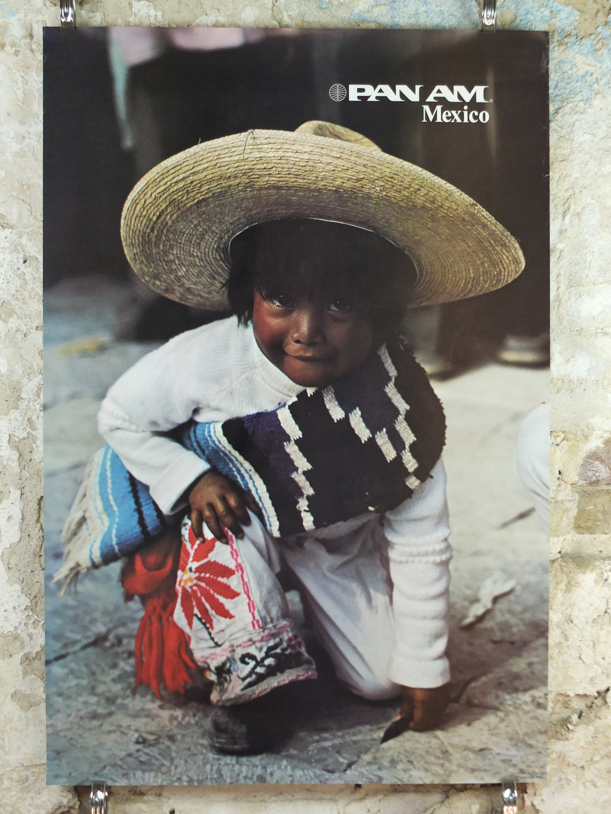 1974 Pan Am Poster, Mexico, young Mexican child in traditional dress with sombrero, P305, travel wall art decor