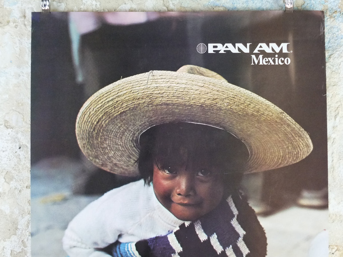 1974 Pan Am Poster, Mexico, young Mexican child in traditional dress with sombrero, P305, travel wall art decor