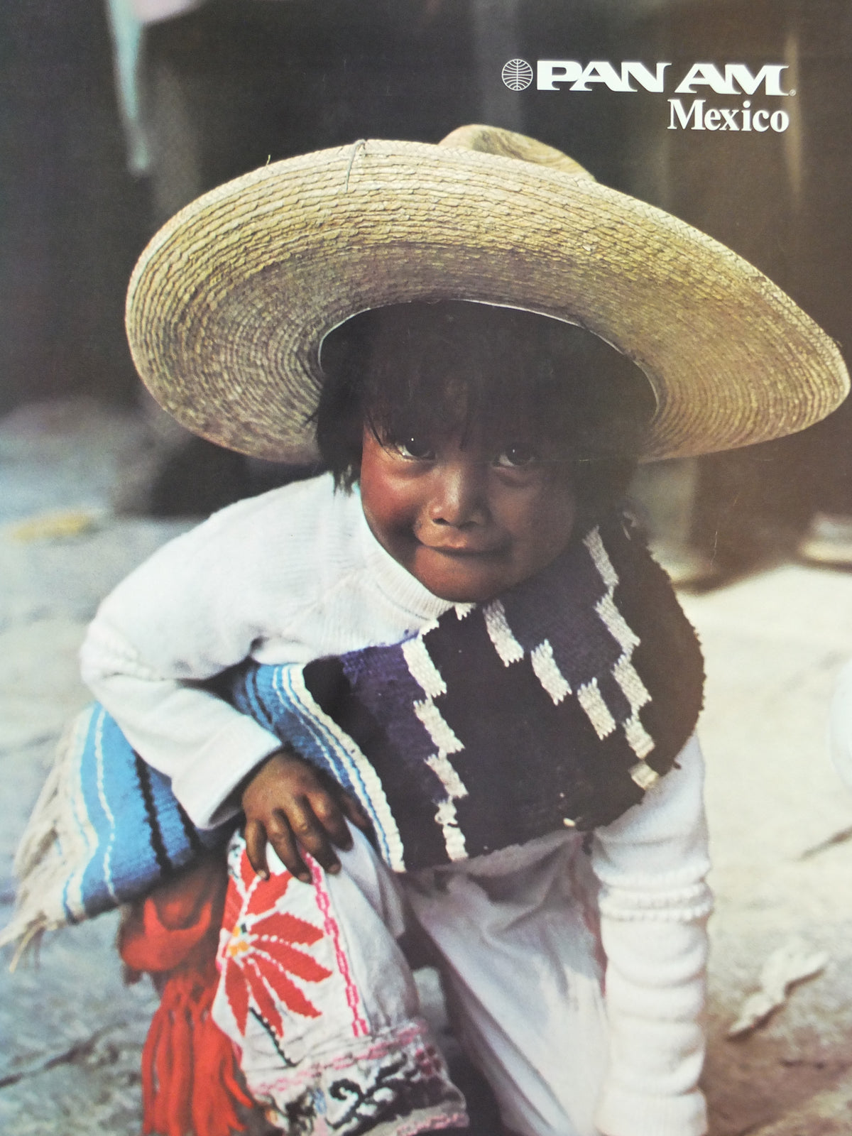 1974 Pan Am Poster, Mexico, young Mexican child in traditional dress with sombrero, P305, travel wall art decor