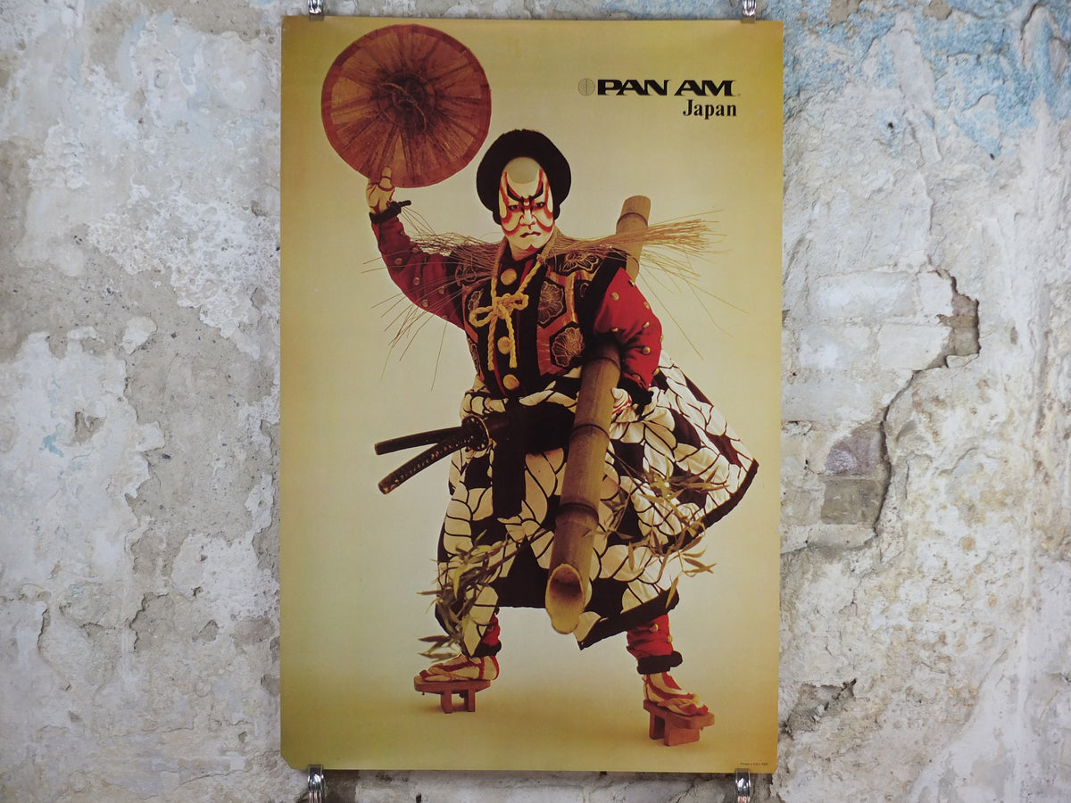 1970 Pan Am Poster, Japan Kabuki Samurai Travel Poster, P282, travel wall art decor