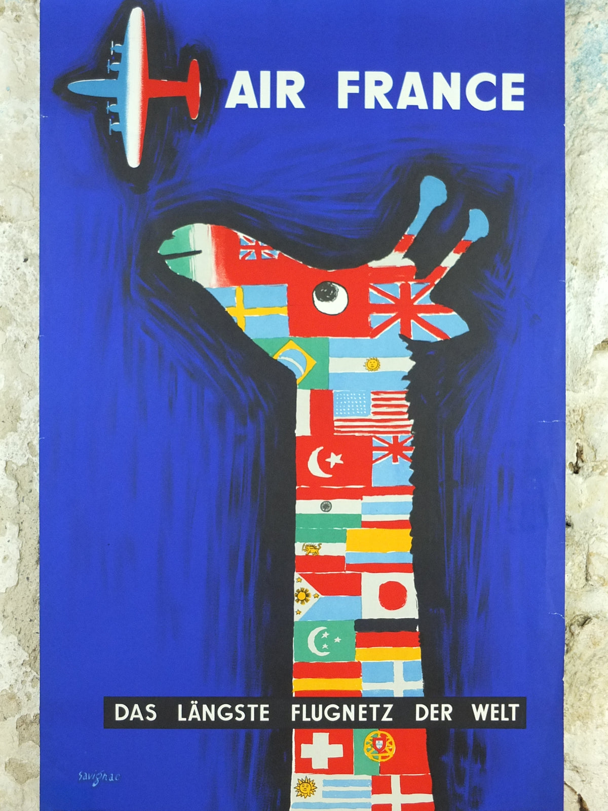 1956 Original Air France Giraffe Poster – Raymond Savignac, German Edition